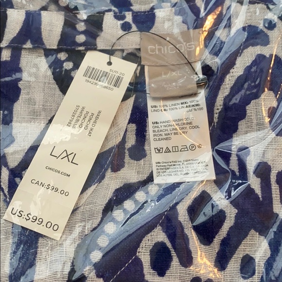 NWT! Chico’s Ikat Linen Poncho. Blue/white print - Picture 6 of 10